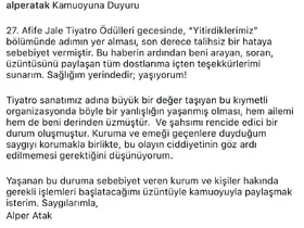 Afife Jale Tiyatro Ödülleri’nde akılalmaz hata: Oyuncu Alper Atak hayatını kaybedenler arasında anıldı
