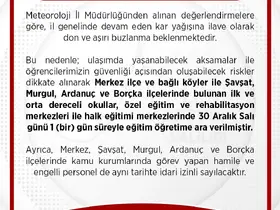 Artvin merkez ve 4 ilçede kar nedeniyle eğitime 1 gün ara verildi
