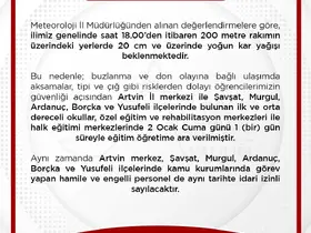 Artvin’de eğitime 1 gün ara verildi
