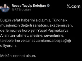 Cumhurbaşkanı Erdoğan’dan Yücel Paşmakçı için taziye mesajı