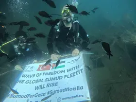 Denizin dibinde Filistin bayrağı açtılar

