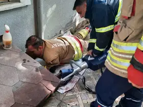 Hatay’da havalandırma boşluğuna düşen köpek kurtarıldı
