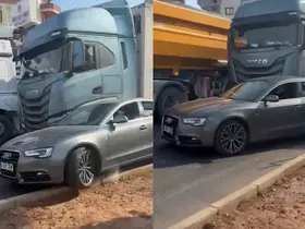 Kaza sonrası korku dolu anlar: Tır şoförü, camını kıran sürücünün aracına çarpıp kaçtı
