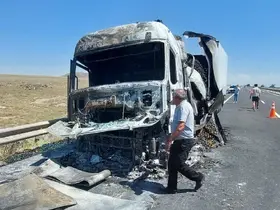 Seyir halindeki sebze yüklü tır yandı