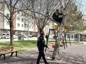 Topu almak için çıktığı ağaçtan inemeyen çocuk itfaiyeden yardım istedi
