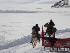 Yüzeyi buz tutan Çıldır Gölü misafirlerini ağırlamaya başladı
