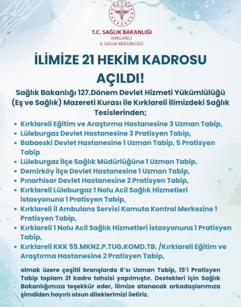 Kırklareli’ne 21 hekim kadrosu tahsis edildi 