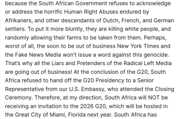 ABD Başkanı Donald Trump: "Güney Afrika Miami’de yapılacak 2026 G20 Zirvesi’ne davet edilmeyecek" 