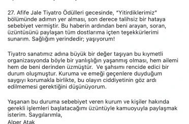 Afife Jale Tiyatro Ödülleri’nde akılalmaz hata: Oyuncu Alper Atak hayatını kaybedenler arasında anıldı 