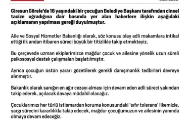 Aile ve Sosyal Hizmetler Bakanlığından Görele’deki taciz iddiasıyla ilgili açıklama: "Sıfır toleransla, yargı sürecini kararlılıkla takip edeceğiz" 