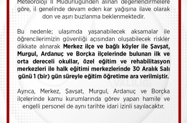 Artvin merkez ve 4 ilçede kar nedeniyle eğitime 1 gün ara verildi 