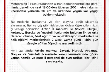 Artvin’de eğitime 1 gün ara verildi 