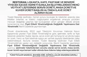 Bartın’da restoran ve kafelere ilave ücret uyarısı 