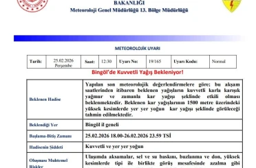 Bingöl için ‘Kuvvetli Yağış’ uyarısı 