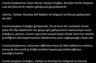 Cumhurbaşkanı Erdoğan, Brezilya Devlet Başkanı Silva ile telefonda görüştü 