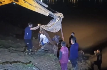 Dicle Nehri’ne düşen ineği itfaiye iş makinesiyle kurtardı 