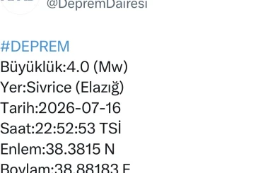 Elazığ’da 4.0 büyüklüğünde deprem 