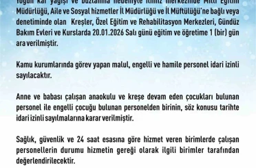 Elazığ’da rehabilitasyon ve bakımevi kurslarına 1 gün daha kar tatili 