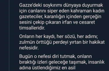 Emine Erdoğan: "Gazze’deki soykırımı dünyaya duyurmak için canlarını siper eden kahraman kadın gazeteciler, karanlığın içinden gerçeğin sesini çekip çıkaran irfan ve cesaret timsalleridir" 