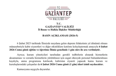 Gaziantep’te 6 Şubat’ta eğitime 1 gün ara verildi 