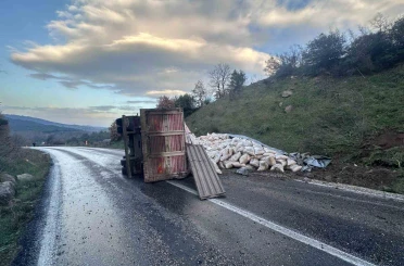 Gönen-Denizkent yolunda kamyon devrildi 