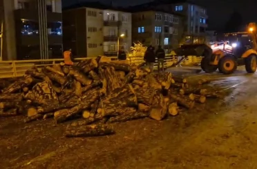 Kamyondan kara yoluna dökülen odunlar kaldırıldı 