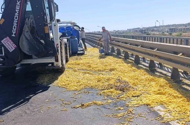 Kamyonet bariyerlere çarptı, kilolarca patates yola saçıldı 