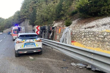 Kontrolden çıkan yem yüklü tır devrildi