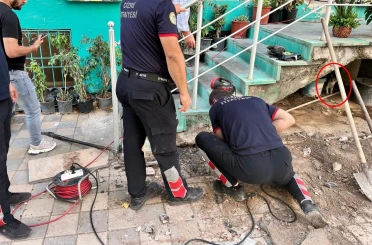 Merdiven boşluğuna sıkışan yavru kediyi itfaiye ekipleri kurtardı 
