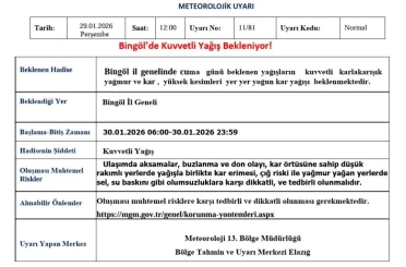 Meteorolojiden Bingöl için kuvvetli yağış uyarısı 