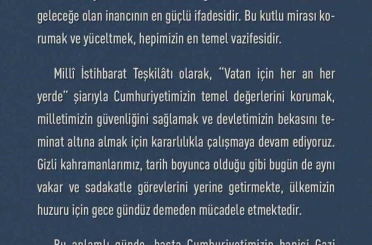 MİT Başkanı Kalın: "Cumhuriyet, aziz milletimizin bağımsızlık iradesinin ve ortak geleceğe olan inancının en güçlü ifadesidir" 