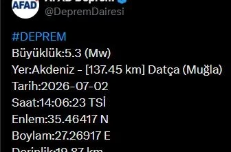 Muğla’da 5.3 büyüklüğünde deprem 