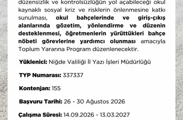 Niğde İŞKUR’dan okullar için 155 kişilik TYP duyurusu
