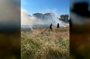 Rüzgarın etkisiyle büyüyen ot yangını evlere ulaşmadan söndürüldü 