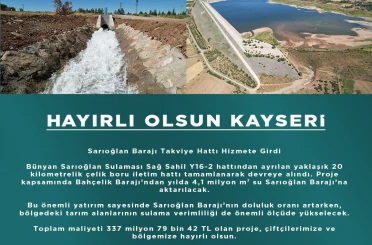 Sarıoğlan Barajı Takviye Hattı, hizmete girdi 