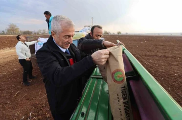Tahmazoğlu dağıttığı tohumları çiftçilerle ekti 