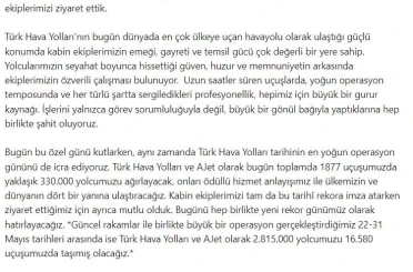 THY Yönetim Kurulu Başkanı Murat Şeker, Dünya Kabin Memurları Günü’nü kutladı 
