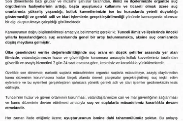 Tunceli Valiliği: "Suç oranlarında genel bir artış yok, aksine düşüş var"
