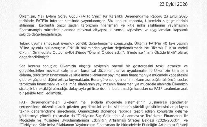 MASAK: "Ülkemiz FATF’in 40 tavsiyesinin 38’ine uyumlu bulunmuştur"
