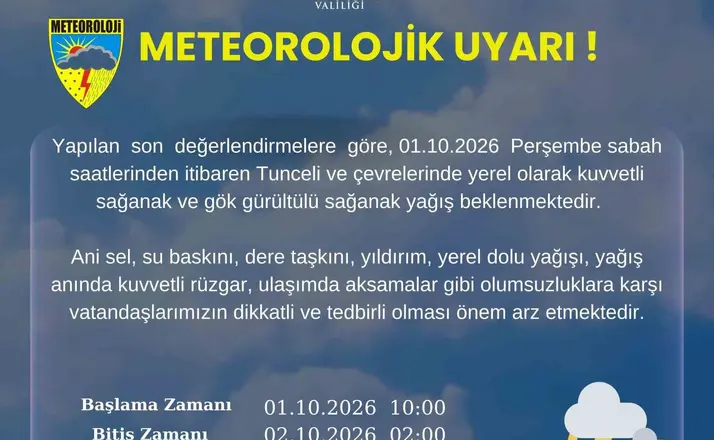 Tunceli için kuvvetli yağış uyarısı
