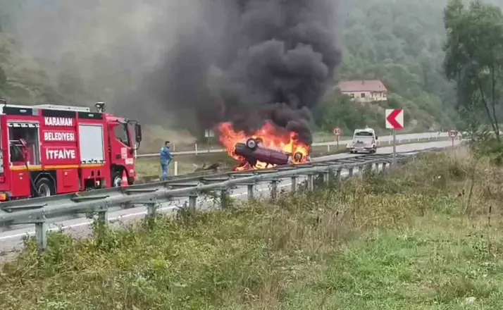 Zonguldak’ta takla atan otomobil alevlere teslim oldu: 1 yaralı
