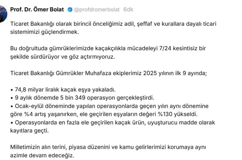 Bakan Bolat açıkladı: Gümrükler Muhafaza ekipleri ilk 9 ayda 74,8 milyar liralık kaçak eşya ele geçirdi
