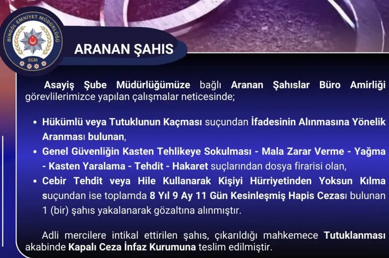 Bingöl’de 8 yıl kesinleşmiş hapis cezası bulunan zanlı yakalandı
