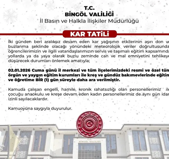 Bingöl’de eğiteme 1 gün ara verildi
