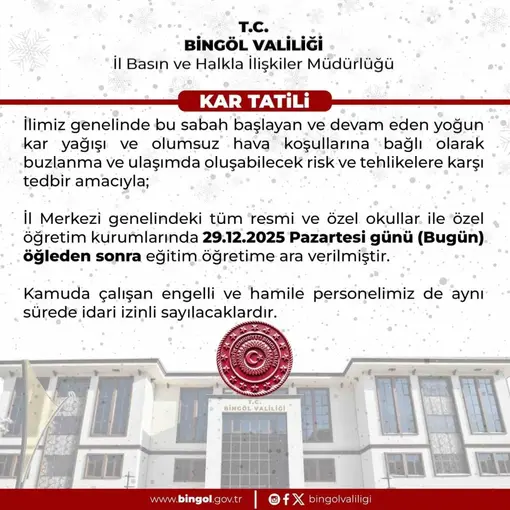 Bingöl’de eğitime 1 gün ara verildi
