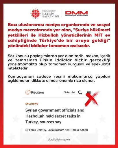 DMM’den "Suriye yetkilileri ile Hizbullah yöneticileri MİT ev sahipliğinde bir araya geldi" iddialarına yalanlama
