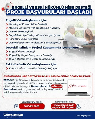 Engelli ve eski hükümlü vatandaşlar için hibe desteği 2026 yılı 5. dönem başvuruları başladı
