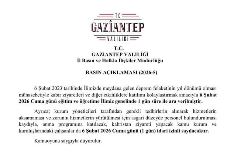 Gaziantep’te 6 Şubat’ta eğitime 1 gün ara verildi
