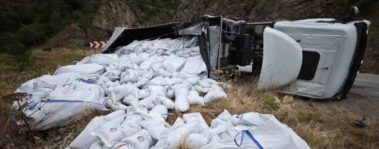 Gümüşhane’de balık yemi yüklü tır devrildi: Sürücü yaralandı
