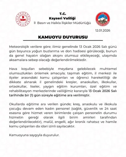 Kayseri’de eğitime 1 gün ara verildi
